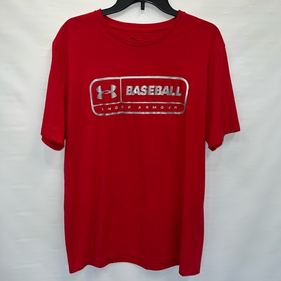 Under Armour T-Shirt Mens Large Red Nylon Blend Heat Gear Baseball Logo - Picture 1 of 14